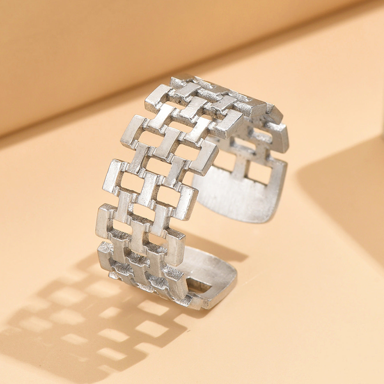 French Retro Double Row Square Chain Open Stainless Steel Rings