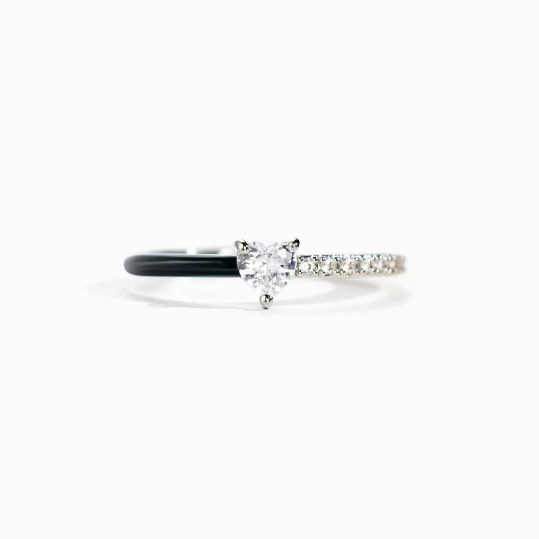 Women's Sier Heart-shaped Rectangular Zircon Cut Half Enamel Rings