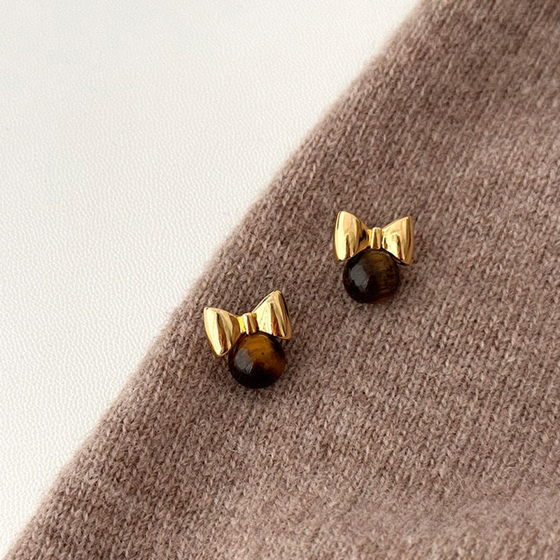 Tigereye Sier Needle Double Ball Texture Earrings