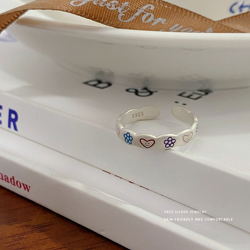 Sier Cute Flowers Love Heart-shaped Female Rings