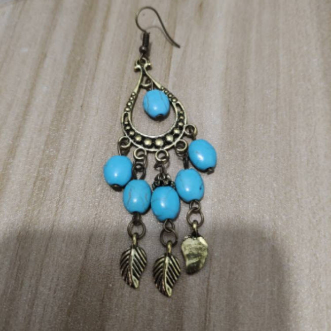 Ethnic Style Small Leaf Branch Tassel Turquoise Long Rings