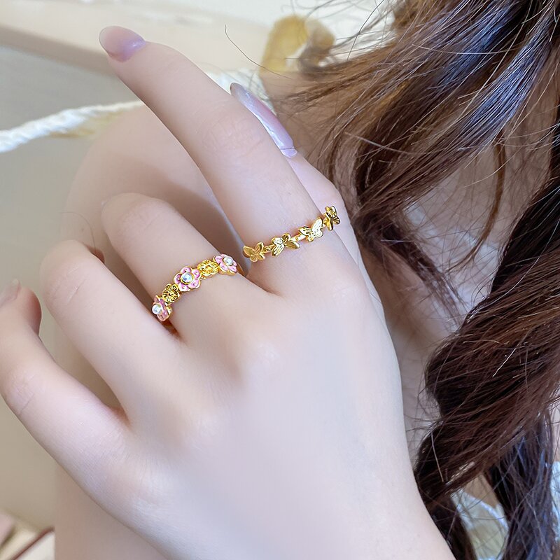 Delicate Pink Flower Butterfly Alluvial Gold Temperamental Minority Rings