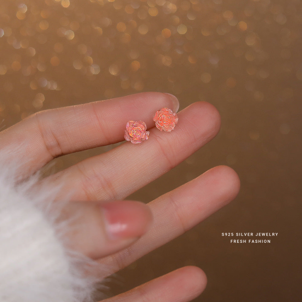 Sier Colorful Rose French Style Retro Earrings