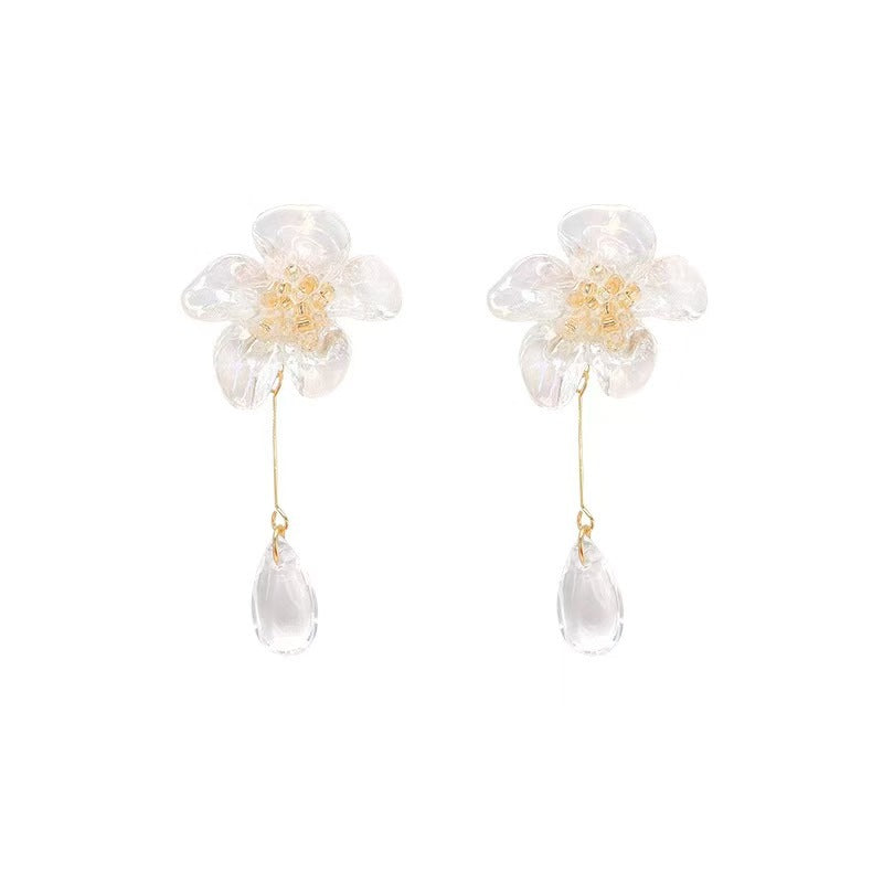 Women's Mori Style Transparent Flower Tassel Water Drop Earrings