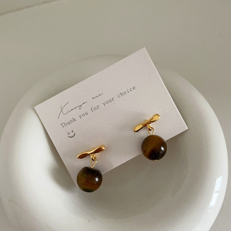 Tigereye Sier Needle Double Ball Texture Earrings
