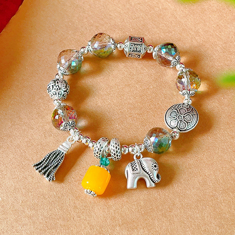 Women's Gray Agate Crystal Tassel Retro Tibetan Sier Longevity Lock Bracelets