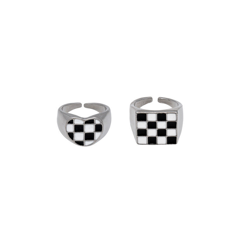 Chessboard Plaid Love Heart-shaped Two-piece Set Female Fashion Rings
