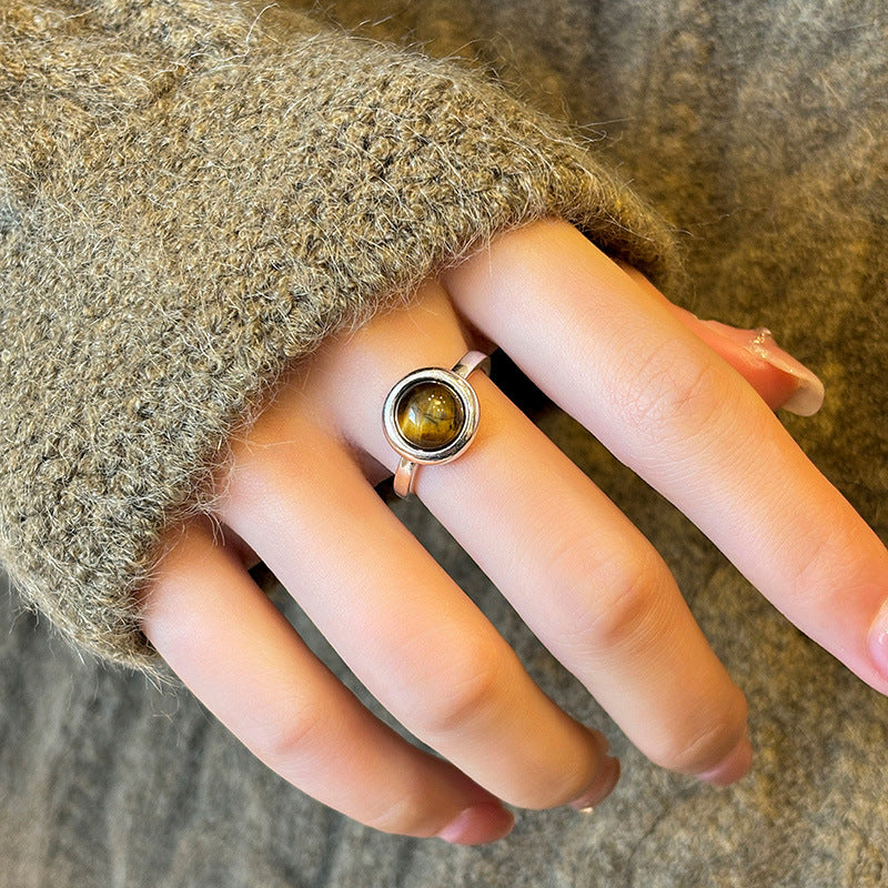 Round Tigereye Female Retro Minority Design Advanced Rings