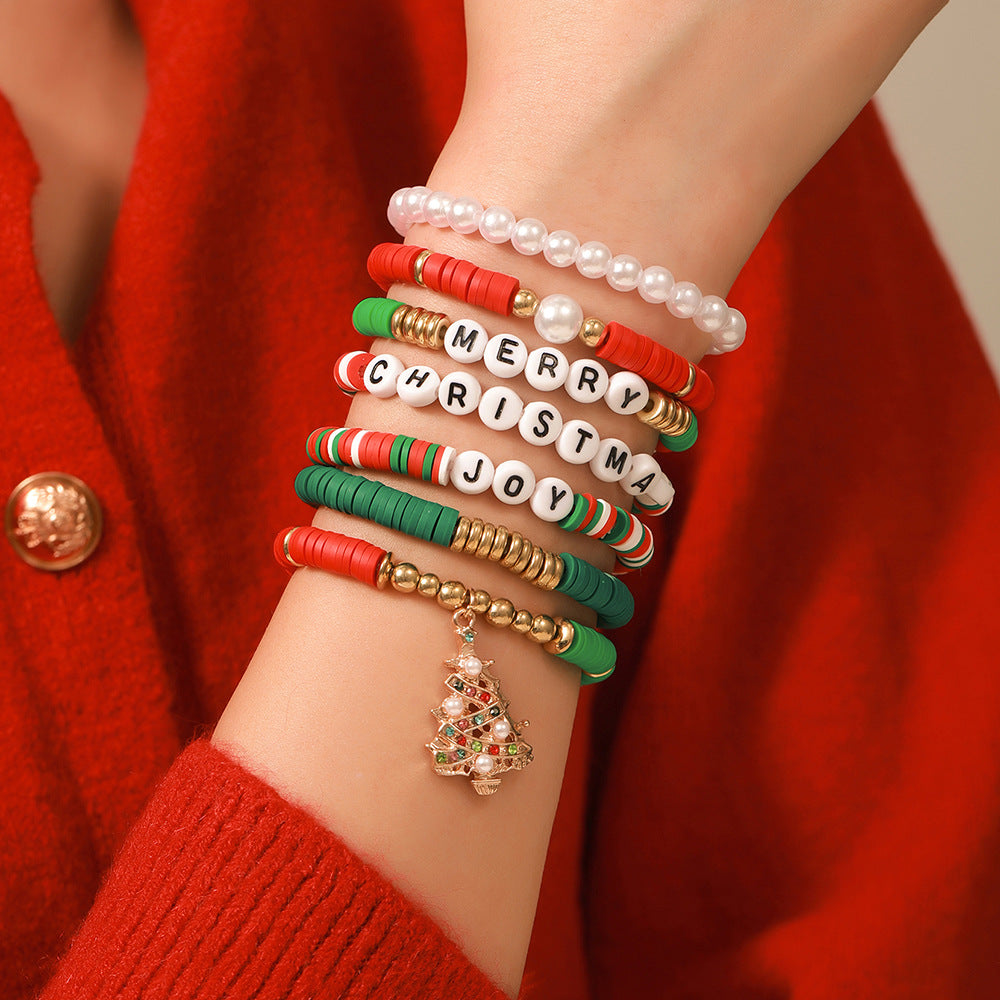 Red Green Christmas Letter Polymer Clay Bracelets