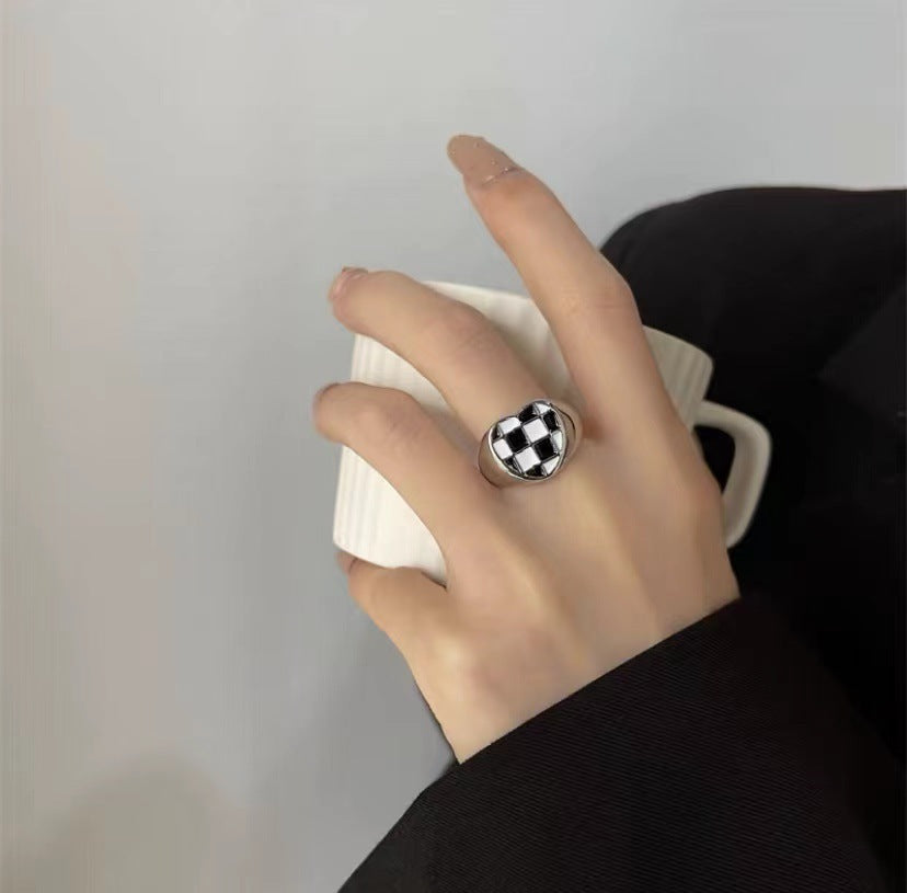 Chessboard Plaid Drip Glazed Open Female Summer Niche Design Cold Ring