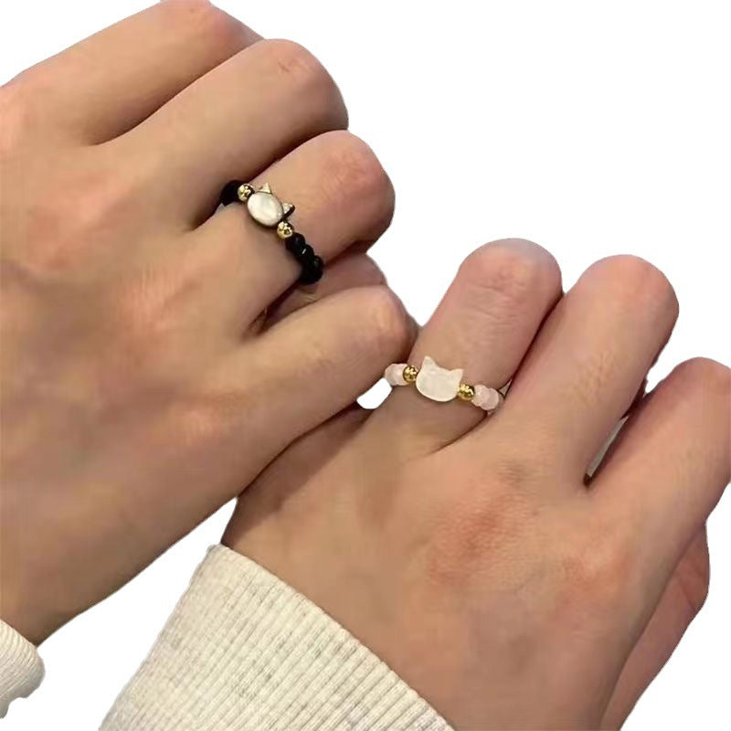 Cat Beaded Female Black White Head Rings
