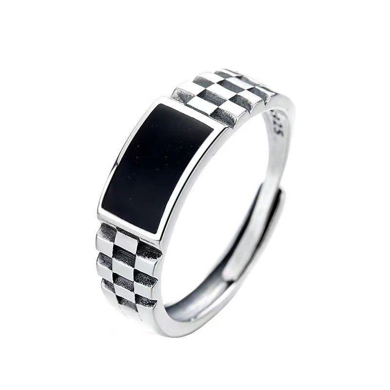 Sier Personality Fashion Drop Oil Plaid Punk Ring