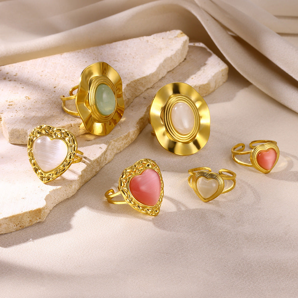 Women's Steel Heart-shaped Personality White Shell Peach Rings