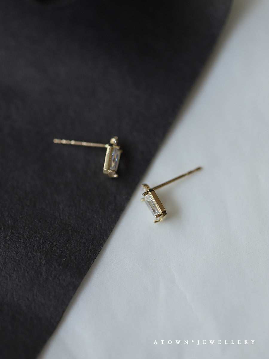 Gold Plated Ear Small Diamond Rectangular Earrings