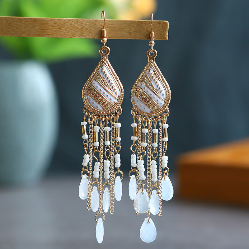 Hook Retro Personality Handmade Leaves Tassel Earrings