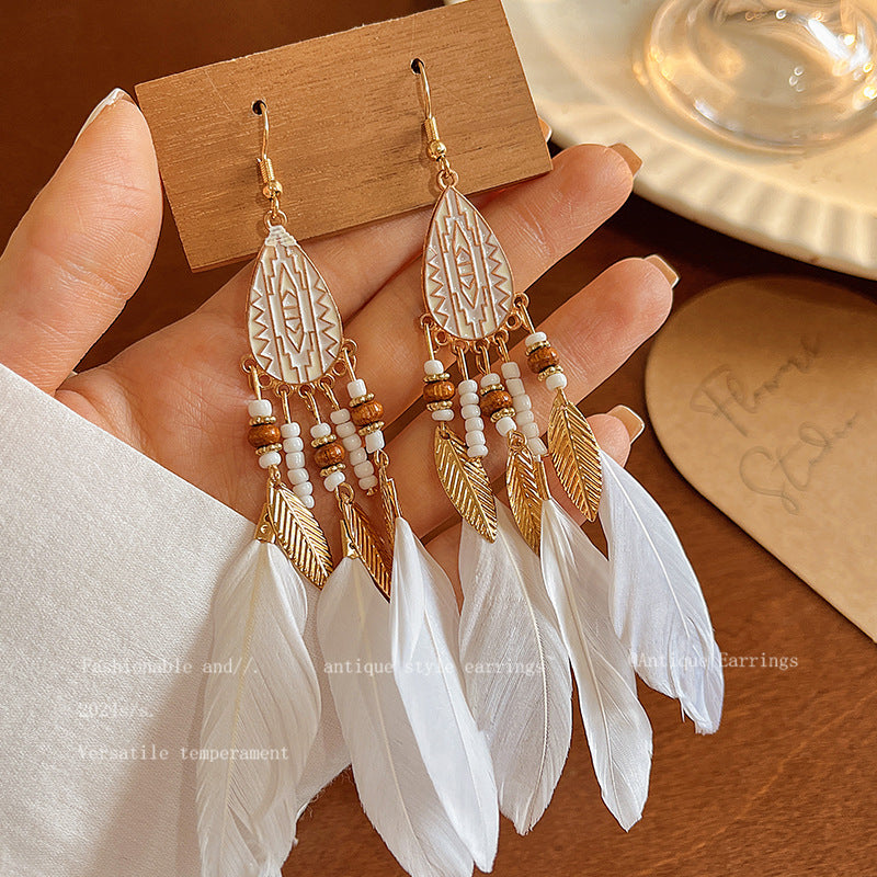 Women's Bohemian Style Long Feather Tassel Ethnic Earrings