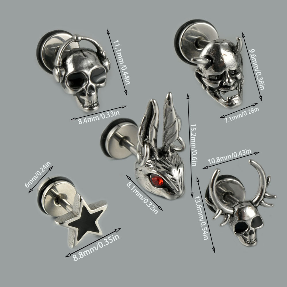 Steel Punk Skull Five Star Drop Earrings