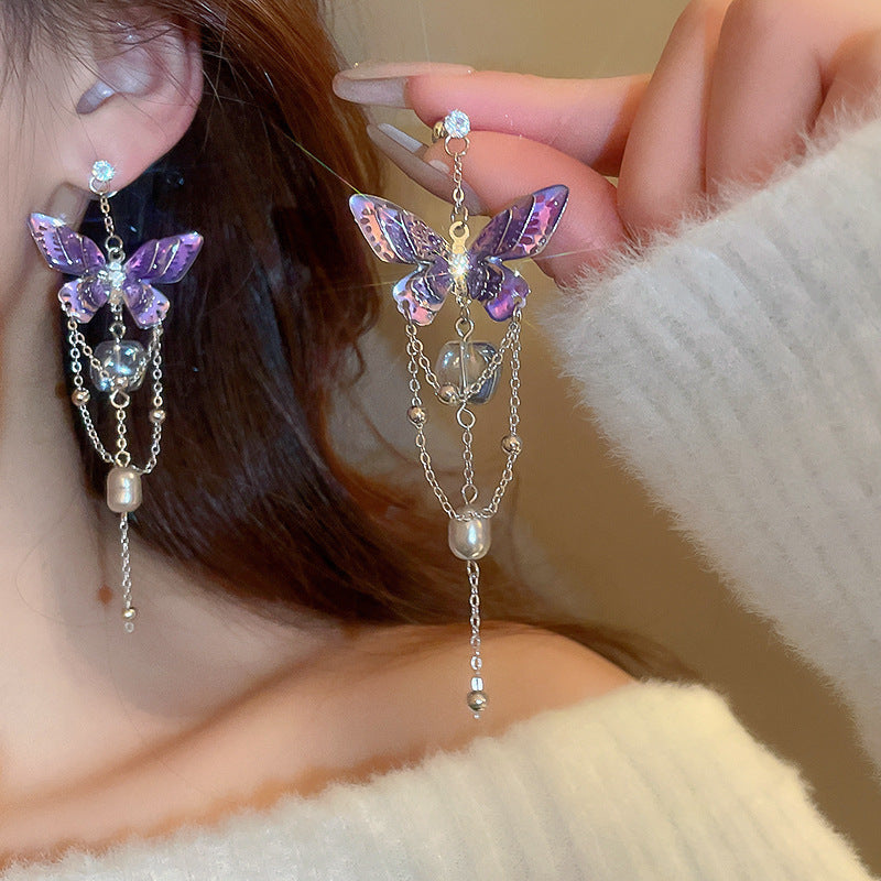 Women's Sier Butterfly Tassel Sweet Flowers Long Rings