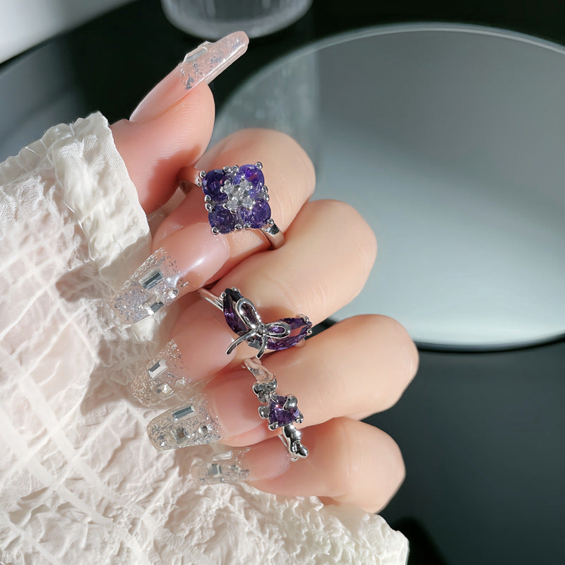 Sweet Cool Clover Purple Diamond Stylish Rings