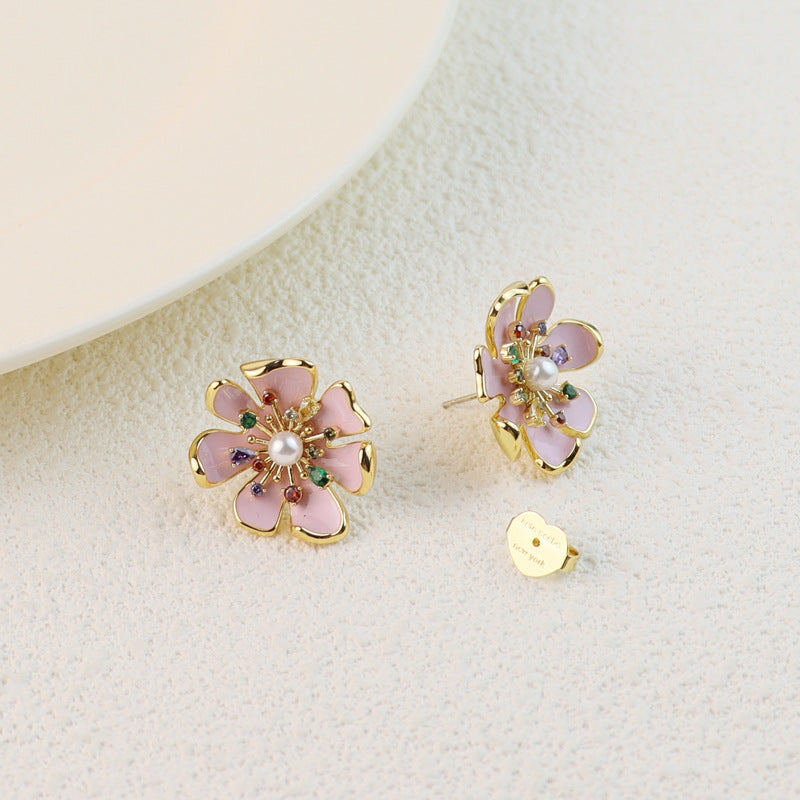 Pink Flowers Sier Needle Hand Painted Enamel Light Luxury Rings