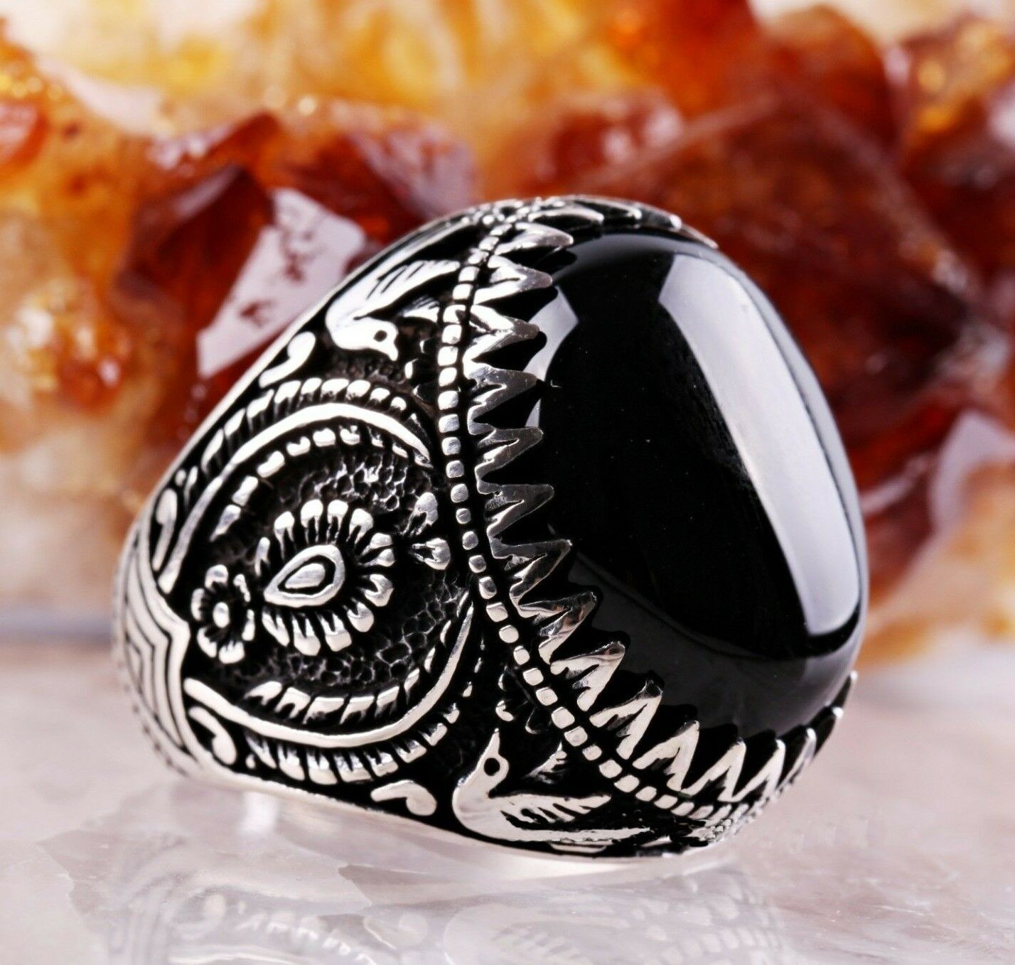 Men's Ornament Vintage Pattern Black Flat Zircon Rings