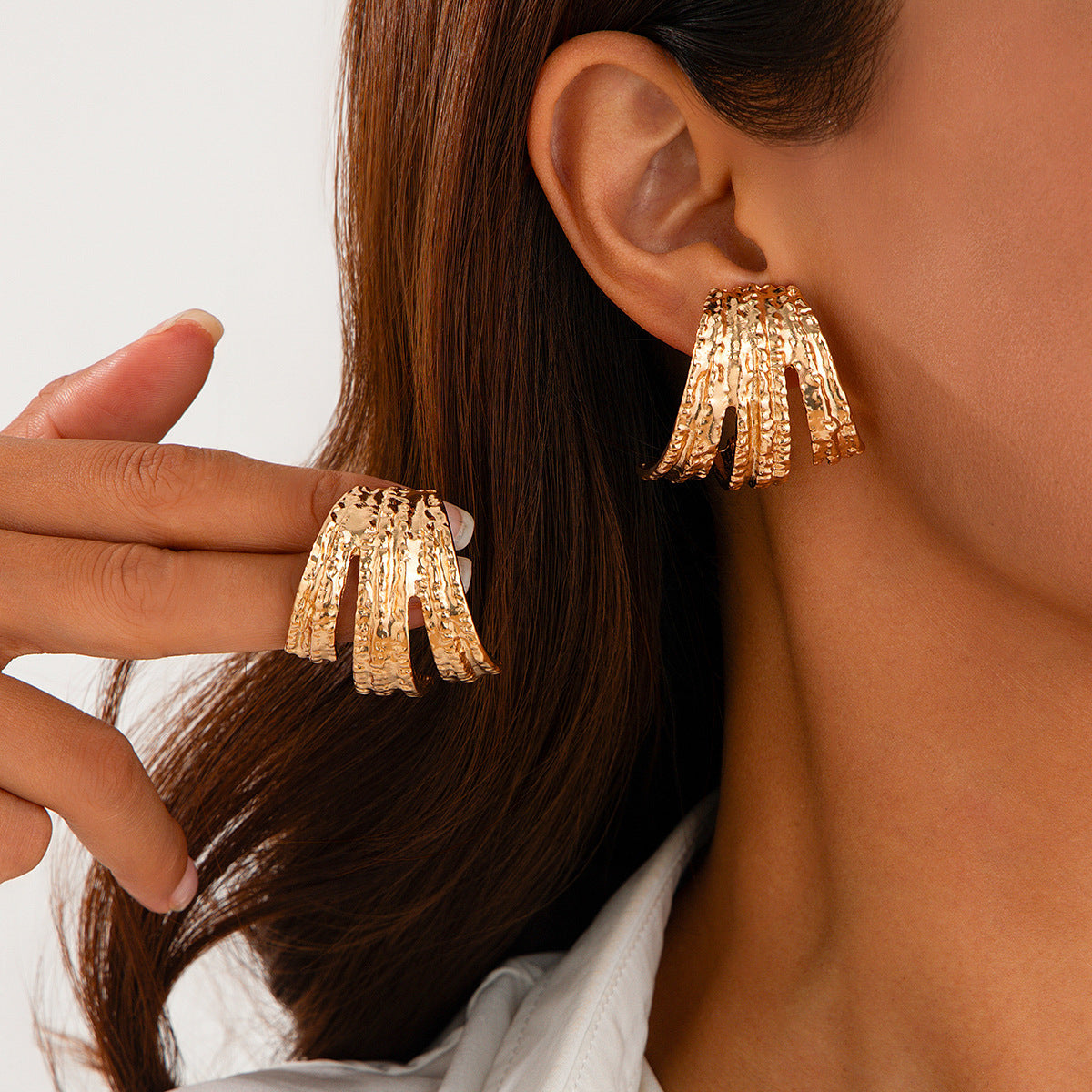 Metal Pleated Exaggerated Irregular Geometric Shaped Stud Earrings