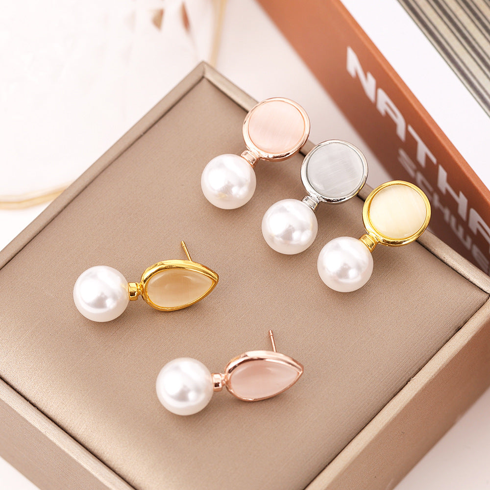 Korean Style Drop-shaped Round Opal Pearl Earrings