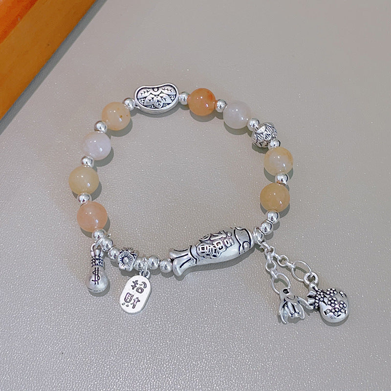 Women's Gray Agate Crystal Tassel Retro Tibetan Sier Longevity Lock Bracelets