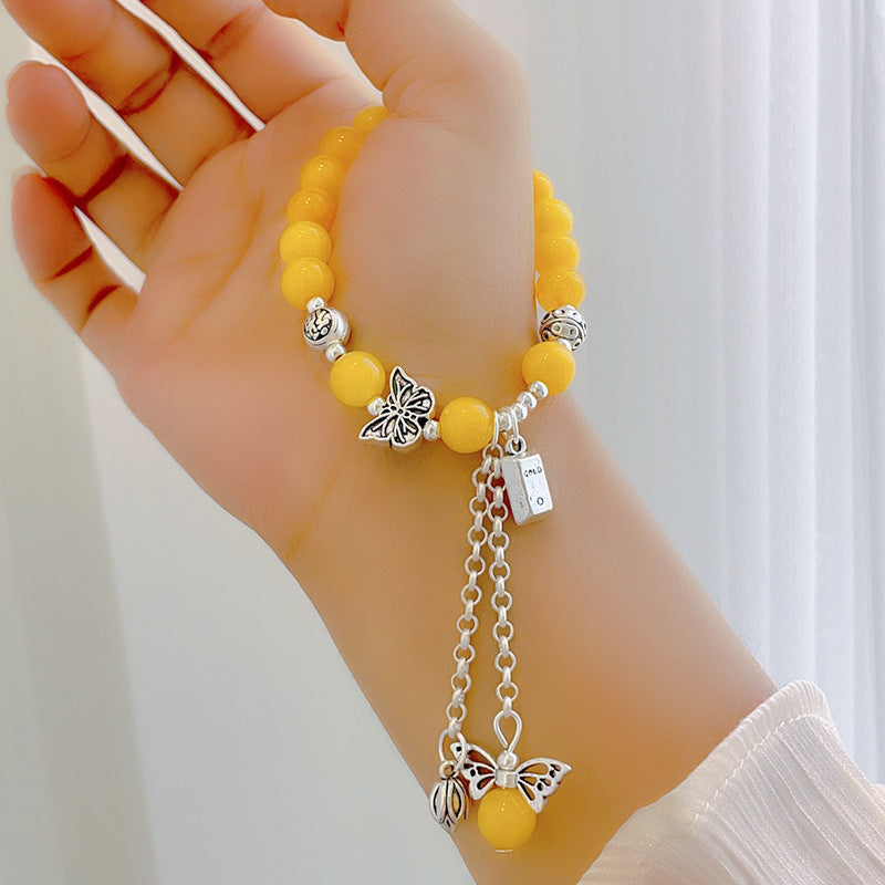 Women's Gray Agate Crystal Tassel Retro Tibetan Sier Longevity Lock Bracelets