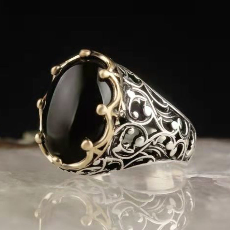 Men's Ornament Vintage Pattern Black Flat Zircon Rings
