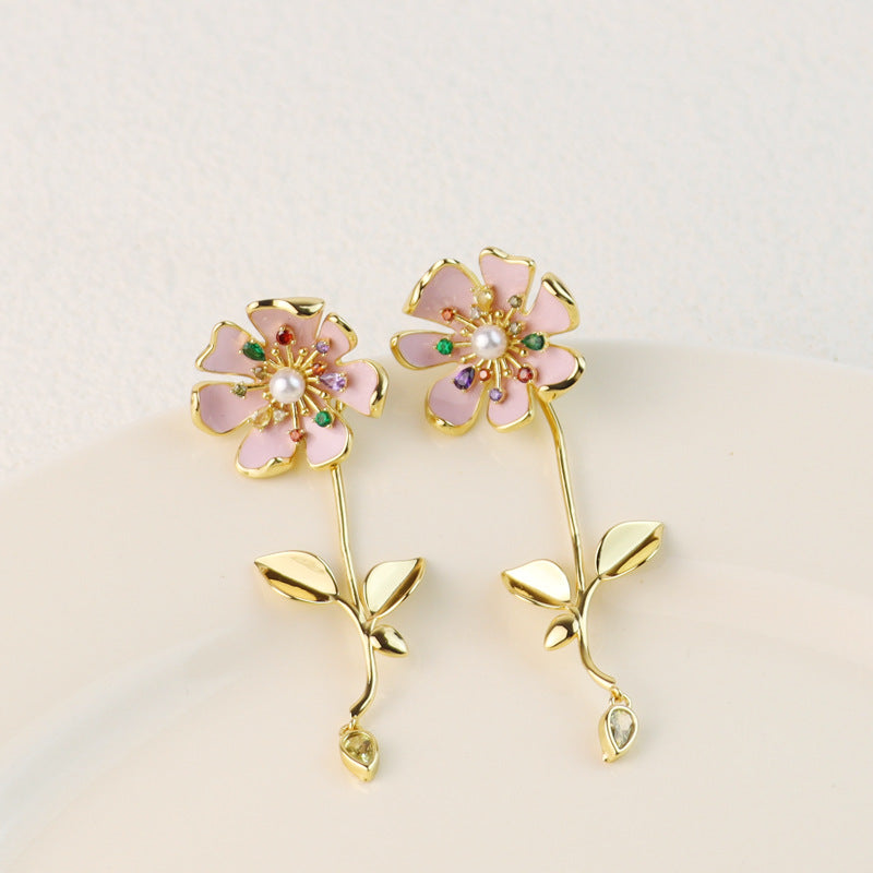 Pink Flowers Sier Needle Hand Painted Enamel Light Luxury Rings