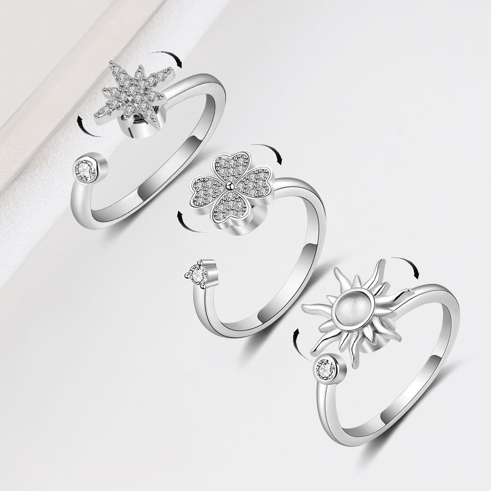 Sier Anxiety Spinning Adjustable Rotating Clover Zircon Female Rings