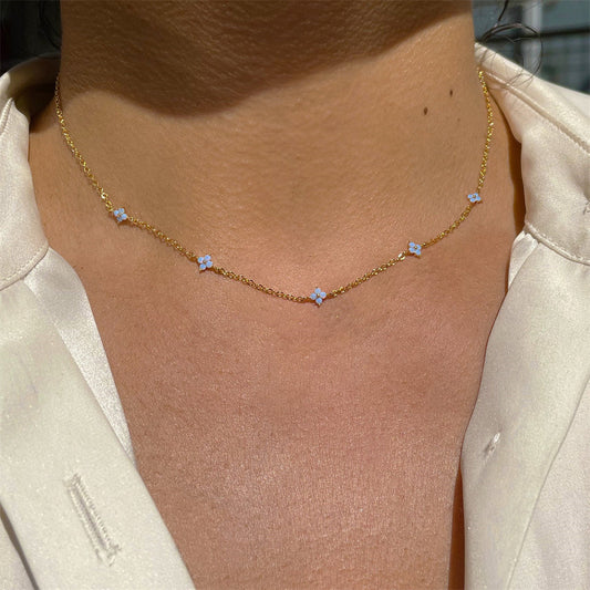 Small Blue Flowers Female Micro Inlaid Zircon Necklaces
