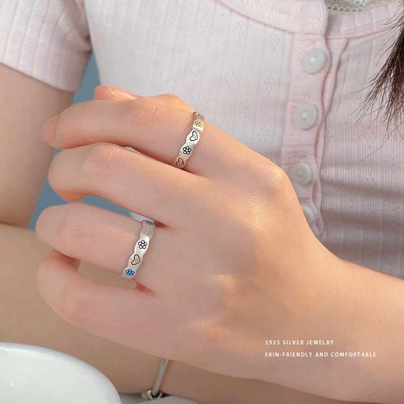 Sier Cute Flowers Love Heart-shaped Female Rings