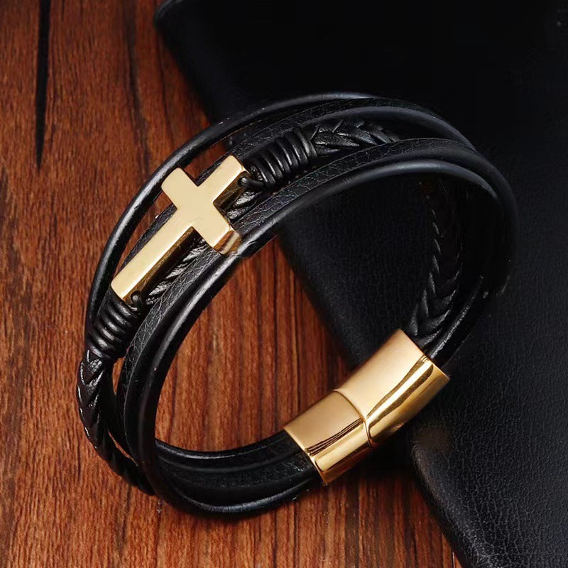 Men's Stainless Steel Leather Titanium Cross Bracelets