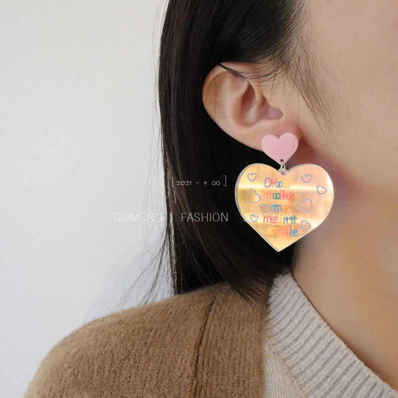 Women's Acrylic Laser Colorful Lovely Heart-shaped Printing Curse Earrings