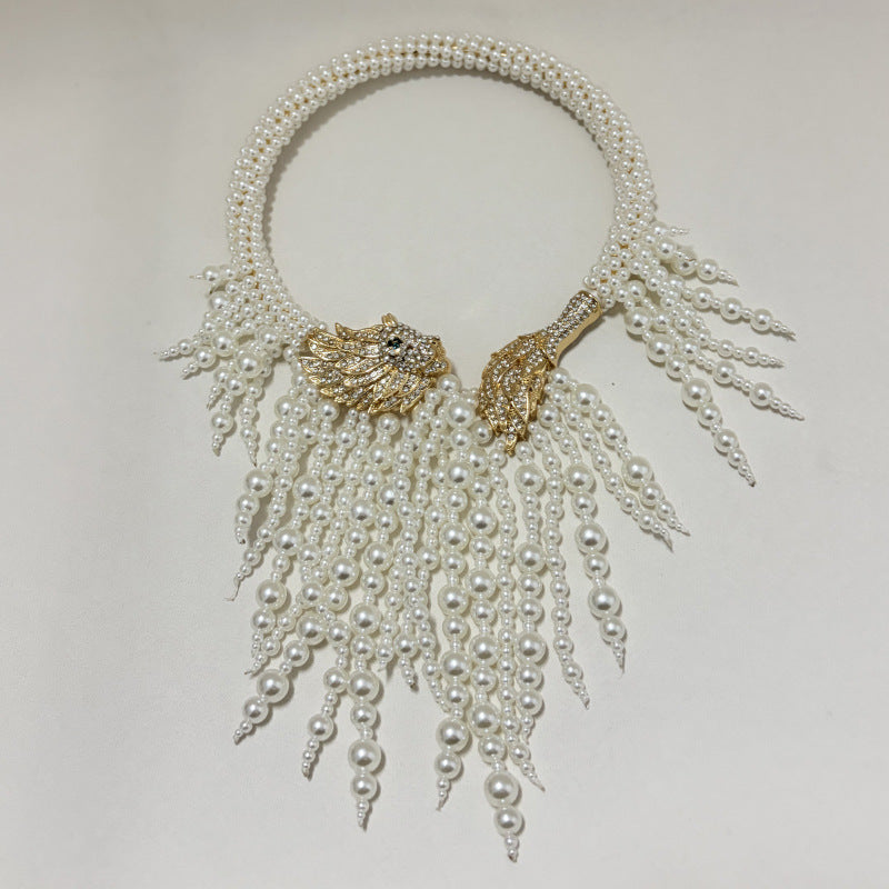 Women's Hand-woven Pearl Tassel Embossed Rhinestone Lion's Head Style Collar
