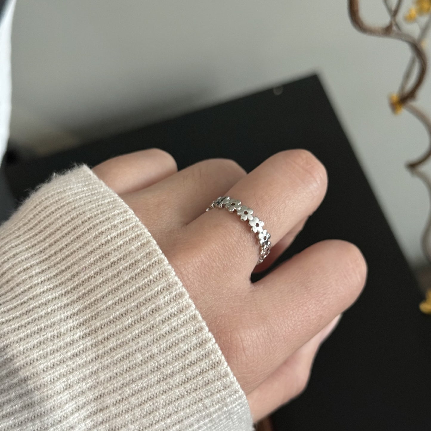 Women's Sier Flower Zircon Series Light Luxury Twin Ring