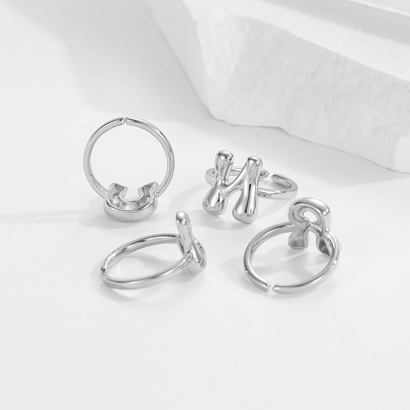 Hop Letters Glossy Sier Open Adjustable Rings
