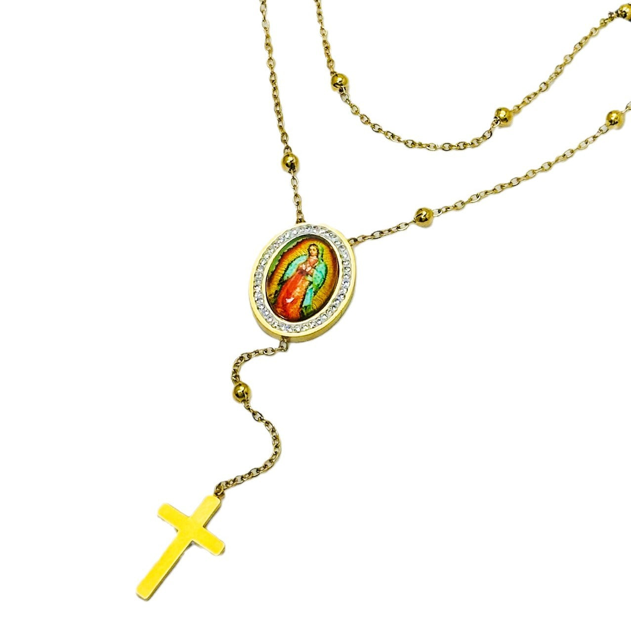 Colored Cross Stainless Steel Ornament Oval Virgin Portrait Niche Necklaces