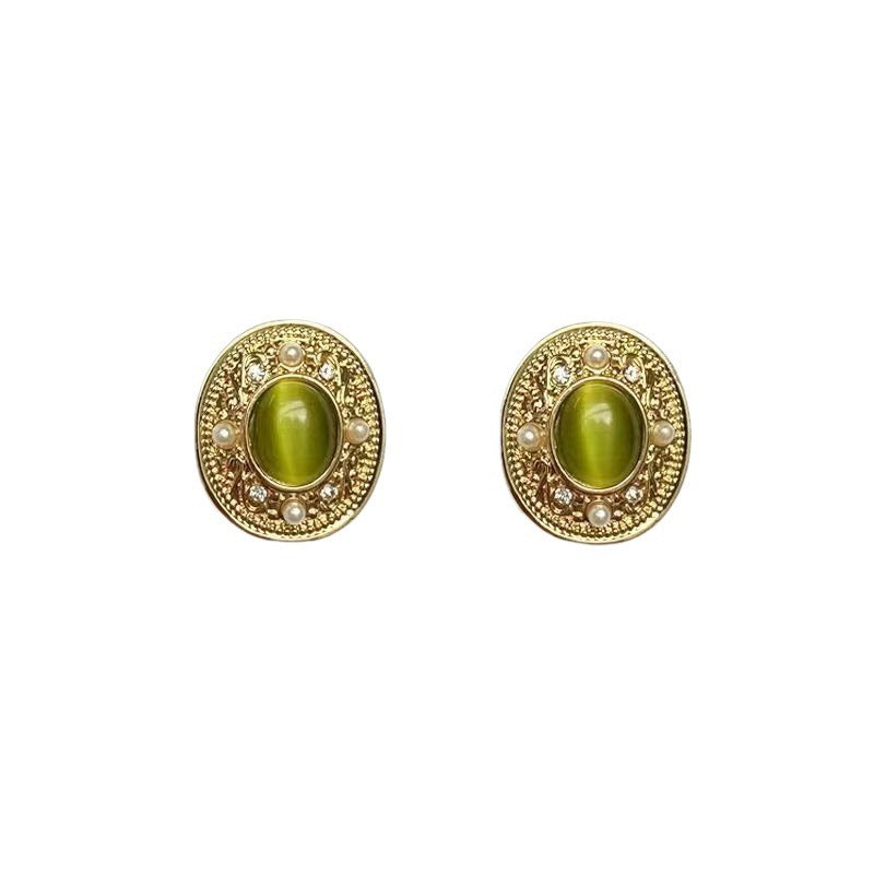Vintage Court Style Pearl Oval Green Earrings