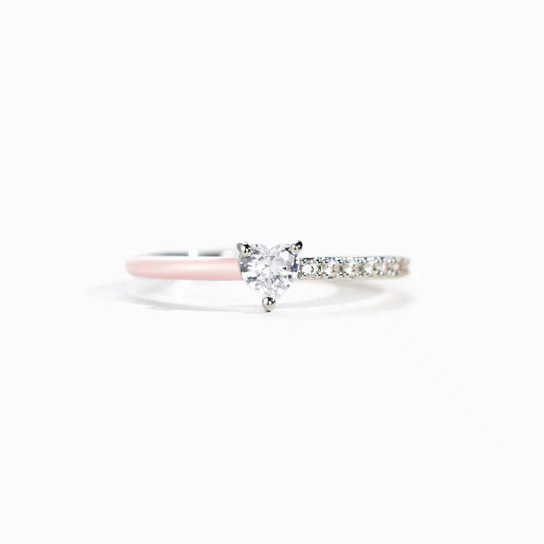 Women's Sier Heart-shaped Rectangular Zircon Cut Half Enamel Rings