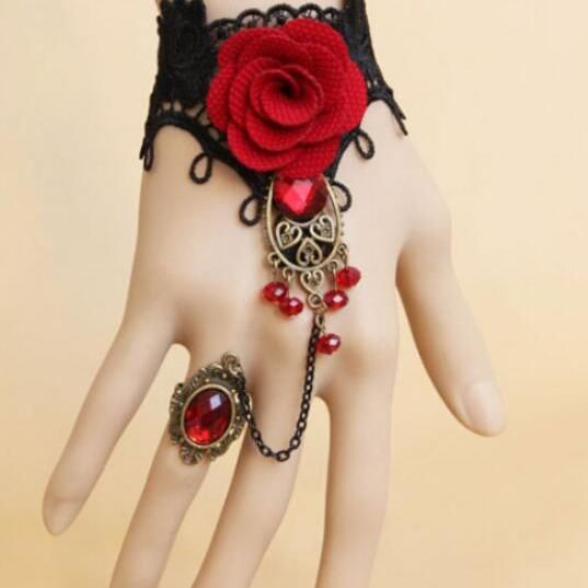 Punk Hand Jewelry Fashion Burgundy Flower Lace Bracelets