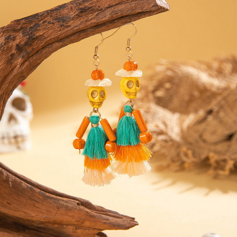 Halloween Funny Fun Skull Tassel Bead Earrings
