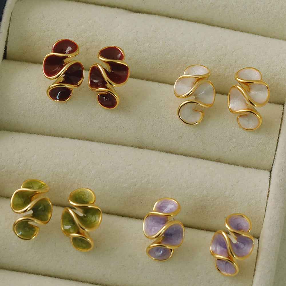Summer Ruffled Drop Oil Sier Needle Pleated Earrings