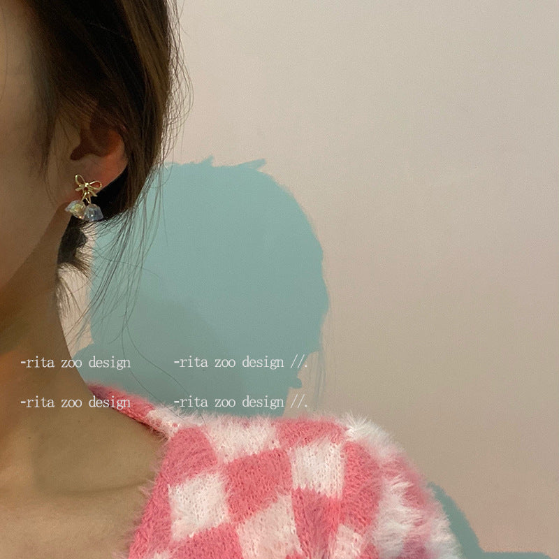 Crystal Christmas Exquisite High Sense Girlish Bow Bell Sier Earrings