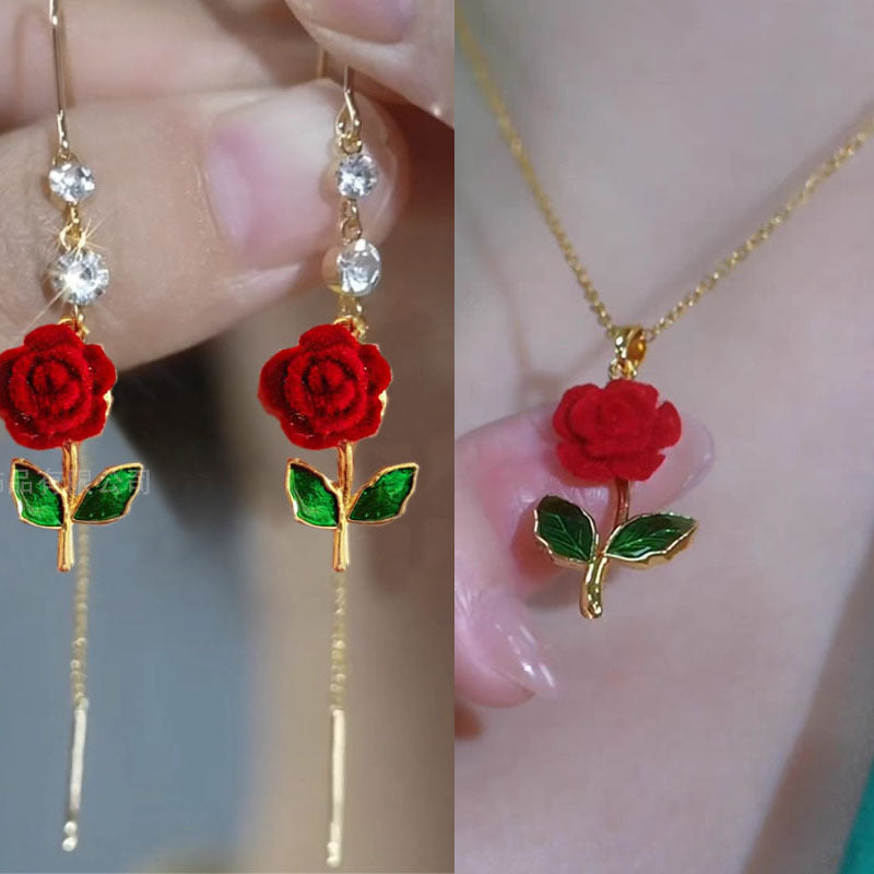 Long Female Elegant Tassel Red Flower Light Luxury High Sense Rings