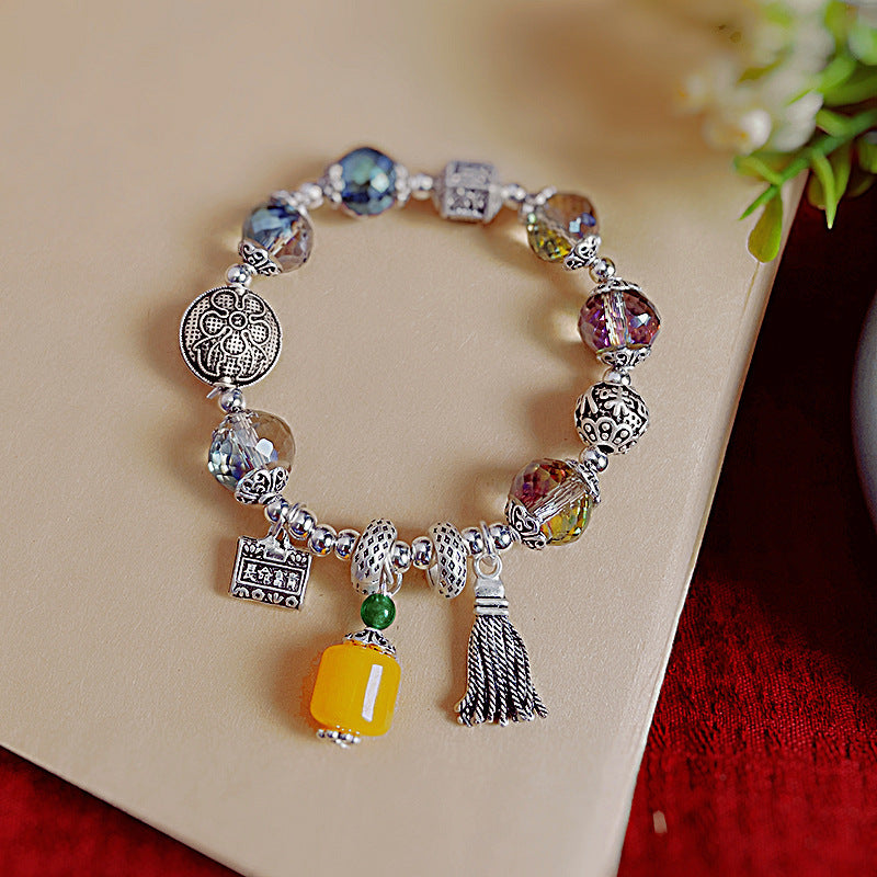 Women's Gray Agate Crystal Tassel Retro Tibetan Sier Longevity Lock Bracelets