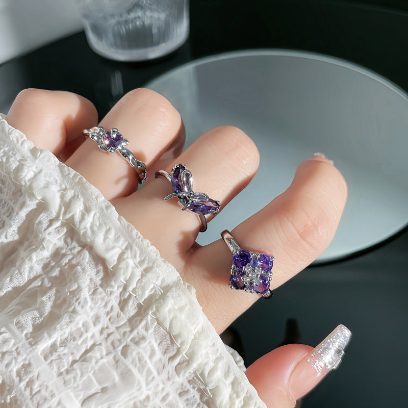 Sweet Cool Clover Purple Diamond Stylish Rings