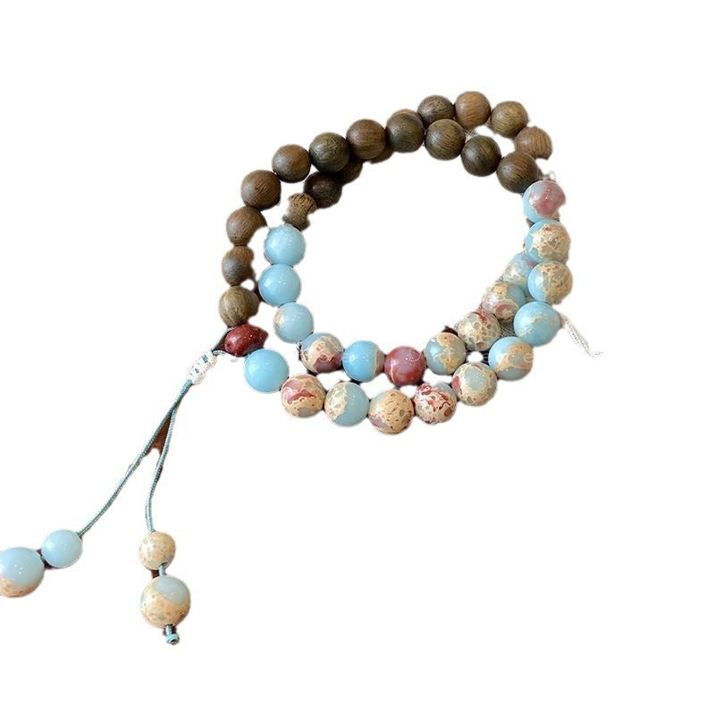 Women's & Men's Stone Green Sandalwood Stitching Chinese Zen Wooden Retro Ethnic Bracelet